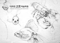 기초디자인 스케치-6 금붕어, 바다가재 | Humanoid sketch, Art