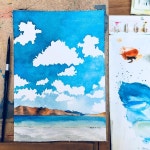 파란 하늘과 하얀 구름이 대비되는 풍경에 반해 캡쳐📸 예쁘다 너... 아직 적응이 좀 필요하지만😅 Watercolor | 그림, 그림 그리기, 수채화