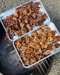 Korean marinated pork bbq, perfectly done right over fire pit🔥 - 오늘 점저는 돼지갈비 장작구이🍖🔥 밥과 된장찌개도... 