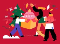 트리를 꾸미는 가족이 있는 백터 일러스트 일러스트, 사람들, 모임, 즐거운, 파티, 행복한, 모여있는, 트리, 장식, 연말, 크리스마스, 강아지, 패딩... 