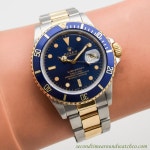 Second Time Around Vintage Watch: 1985 Mens Vintage ROLEX Blue Submariner 16803 18K Yellow Gold & Stainless Steel | 손목 시계
