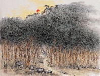 (Korea) The path in the pines by Bak Haeng-bo (1935- ). brush watercolor on paper. | 그림, 한국화, 유화