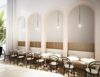 °THE_K 울산, 아치형 인테리어로 상업공간에 감각적인 분위기를~! | 레스토랑 좌석, 현대 인테리어 디자인, 상업 인테리어 디자인