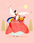 일러스트,사람,한국,한국전통,무용수,춤,민속놀이,사물놀이,한명,여자,전통의상,한복,역동,전통악기,장구,우아함,미소,태양,북채,응시,연주,민속... 