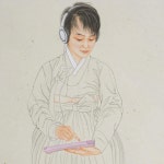 #이동연_#미인도 어화둥둥~162X122cm, 장지에 채색, 금박 스나보,2013 그당시 신형 #태블릿 #pc를 아가처럼 둥게둥게~^^ 코드가 빠진것도... 