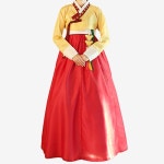 전통배색의 노랑 삼회장 저고리와 빨강 말기치마입니다. | Modern hanbok, Long sleeve dress, Clothes