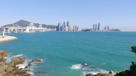 부산시 해운대 앞 바다 전경 | 바다, 일몰