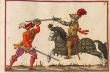 [11] A fight where the foot soldier is wielding a rapier and buckler, and the rider has a sword | 르네상스