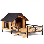 TANGKULA Wooden Dog House Cabin Style Elevated Weather Waterproof Outdoor Large Pet Dog House Lodge with Porch, Spacious Deck for... 