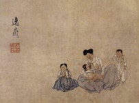 신한평, 자모육아도, 지본담채, 간송미술관.  펑퍼짐한 엉덩이와 소박한 얼굴을 가진 아낙네가 아이에게 젖을 물리고 있다. 대부분의... 