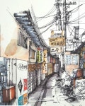 골목풍경 watercolor and marker coloring ㆍ #펜화 #펜드로잉 #스케치 #드로잉… | 수채화 건축, 도시 풍경 드로잉, 건축 드로잉