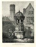 At Cologne - View of a cobbled square, a well with bell-shaped roof at centre, a man and a woman seated on stone slabs at left... 