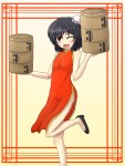 1girl :d alternate_costume alternate_hair_ornament bamboo_steamer bare_shoulders black_hair blush bun_cover carrying china_dress... 