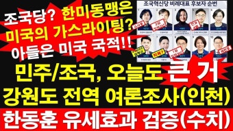 민주당/조국당, 오늘도 큰 거! 강원도 전역 여론조사(인천) 한동훈 유세효과 검증(수치) [레지스탕스TV, 정광용TV] - YouTube 조국당? 한미동맹은...