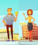 Funny Cartoon Buyers At Mall Background by macrovector | GraphicRiver Funny Cartoon Buyers At Mall Background