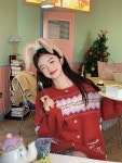 시크온미 레드 빨강 지그재그 루돌프 돌돌이 루즈핏 오버핏 도톰 노르딕 니트가디건