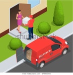 Express Home Delivery Courier Gives Woman 스톡 벡터(로열티 프리) 374903056