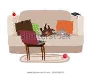Happy Pets Relaxing On Couch Watching 스톡 벡터(로열티 프리) 1438709576