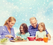 유토이미지 | food, family, children, happiness and people concept - happy family with two kids making dinner over blue sky and... 