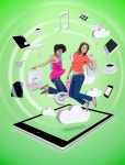 유토이미지 | 상세페이지 | 베이직샵 | 17491391 | Two happy women jumping on a tablet pc
