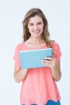 유토이미지 | Happy hipster holding tablet pc on white background