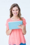 유토이미지 | Happy hipster holding tablet pc on white background
