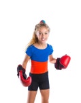 유토이미지 | boxer kid blond girl with funny boxing gloves on white background