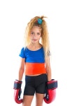 유토이미지 | boxer kid blond girl with funny boxing gloves on white background