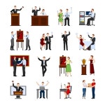 유토이미지 | Auction people selling and buying things with holding hammer auctioneer flat icons set isolated abstract vector... 
