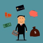 Banker profession flat concept design with businessman in glasses and financial icons such as money bags, credit card, handshake, piggy... 