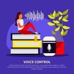 유토이미지 | Voice control flat poster with woman in home interior talking with smart speaker gadget vector illustration