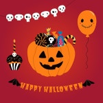 Hand drawn vector illustration of a funny pumpkin candy bag, cupcake, balloon, with text Happy Halloween. Isolated objects.... 