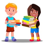 유토이미지 | Child Is Carrying A Heavy Pile Of Books Vector. Illustration