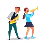 Musicians Playing on Saxophone And Trumpet Vector. Young Man Saxophonist And Woman Play On Trumpet Musical Instruments. Characters... 