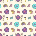 유토이미지 | Creative seamless pattern with retro analog music player, cassette recorder, turntable, vinyl disc, microphone on... 