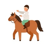 Happy little boy in protective helmet ride on horseback vector flat illustration. Smiling male child horseman practicing equestrian... 