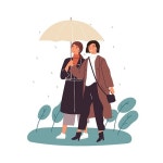 Two female friends walking under umbrella at rainy weather vector flat illustration. Smiling women talking, spending time together... 