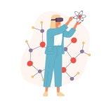in VR headset creating models and structures in virtual reality. Chemistry education in AR. Colored flat vector illustration of... 