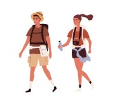 Young active couple traveling together with backpacks on summer holidays. Happy tourists walking with bags, camera and water. Colored... 