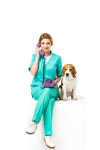 유토이미지 | smiling veterinarian with beagle dog near by talking on telephone isolated on white