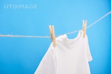 유토이미지 | clean white t-shirt with clothespins hanging on rope isolated on blue