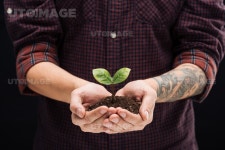 유토이미지 | cropped view of man holding ground with green plant in hands isolated on black