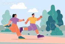 유토이미지 | Man and woman run in park. Illustration of couple runners jogging together. Vector flat landscape with green... 