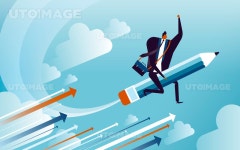 유토이미지 | business concept illustration, suited man riding on a speedy pencil, implying that he may be an author