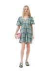 [가니]SEERSUCKER CHECK V-NECK MINI DRESS F7854 LAGOON [W CONCEPT]