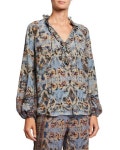 Kobi Halperin Molly Abstract Ruffle-Trim Blouson-Sleeve Silk Blouse