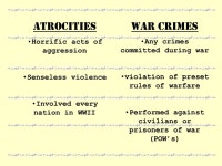 Atrocities of WWII Atrocities Horrific acts of aggression Senseless violence Involved every nation in WWII War Crimes Any crimes... 