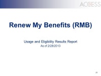 1 ACCESS TO ELIGIBILITY SUPPORT SERVICES FOR HEALTH, NUTRITION, and CHILD CARE Usage and Eligibility Results Report As of 2/28... 