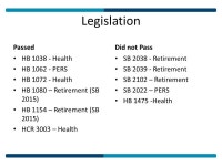 PERS UPDATE What Passed. Legislation Passed HB Health HB PERS HB Health HB 1080 – Retirement (SB 2015) HB 1154 – Retirement...