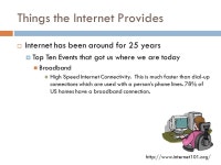 THE INTERNET. Things the Internet Provides  Internet has been around for 25 years  Top Ten Events that got us where we are today... 